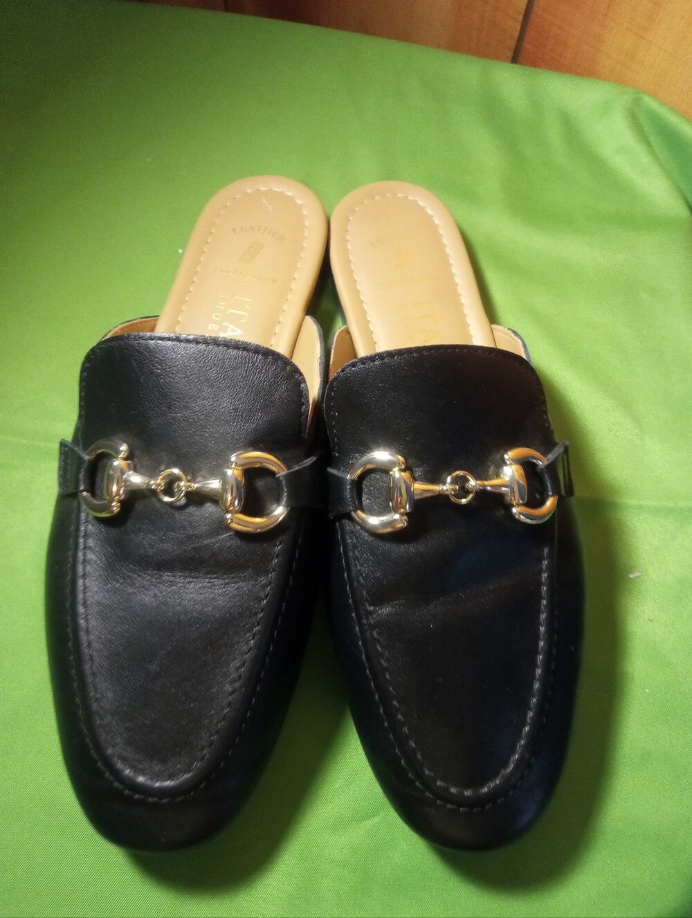 Italian Shoemaker Black Leather Slip-On Mule with Gold Horsebit